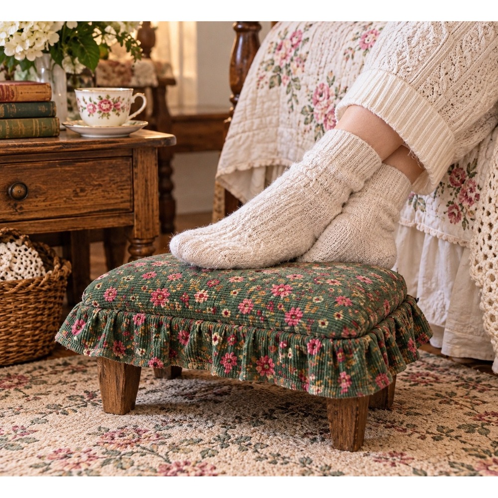 Vintage 1940s Floral Corduroy Footstool Cottagecore Rustic Wood Stool Green Pink